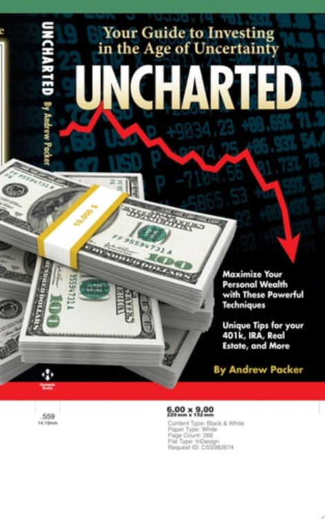 Book cover of 'Uncharted' by Andrew Packer with money and stock market graphics.