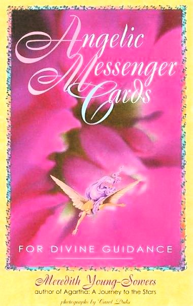 Cover of Angelic Messenger Cards featuring a close-up image of a purple flower with a card in the center displaying the text 'Angel Messenger Cards FOR DIVINE GUIDANCE' along with the author's name, Meredith Young-Sowers.