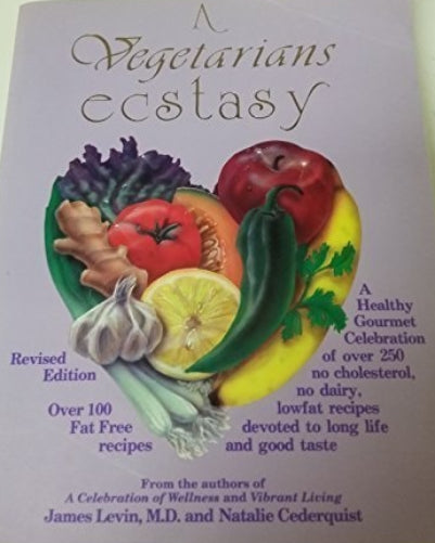 Book cover of 'A Vegetarian's Ecstasy' with vegetables and fruits illustration on a light purple background.