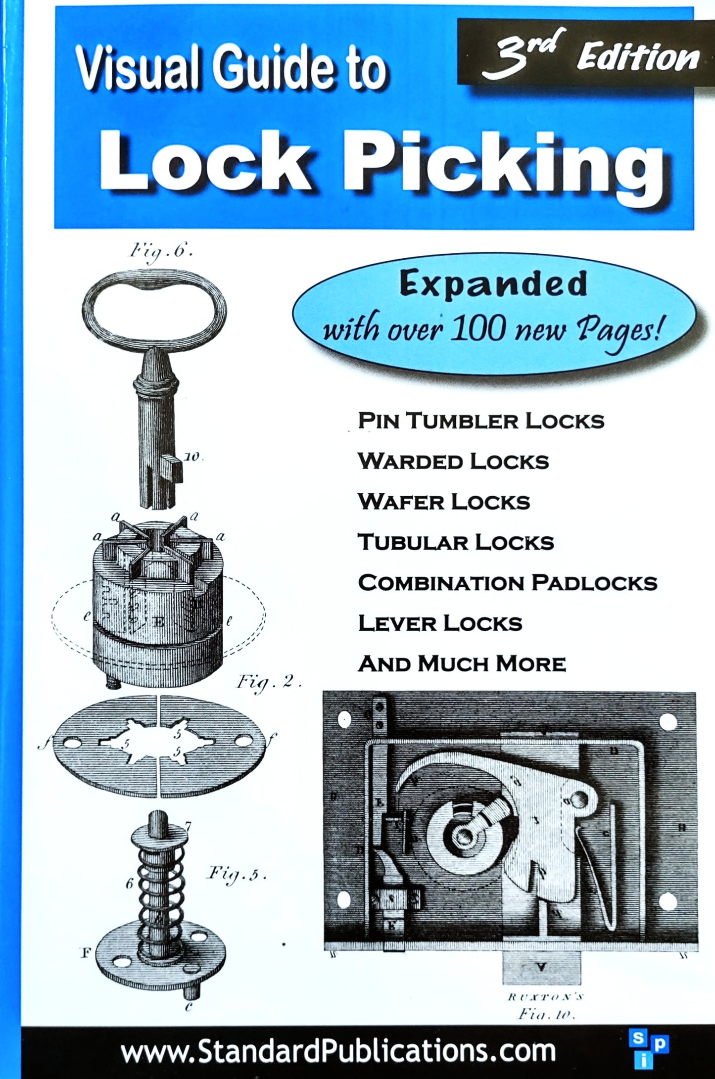 Front cover of the book 'Visual Guide to Lock Picking, 3rd Edition' by Standard Publications. The cover features a blue header and footer, white background in the center, black and white technical illustrations of lock-picking tools and mechanisms, and text highlighting over 100 new pages.