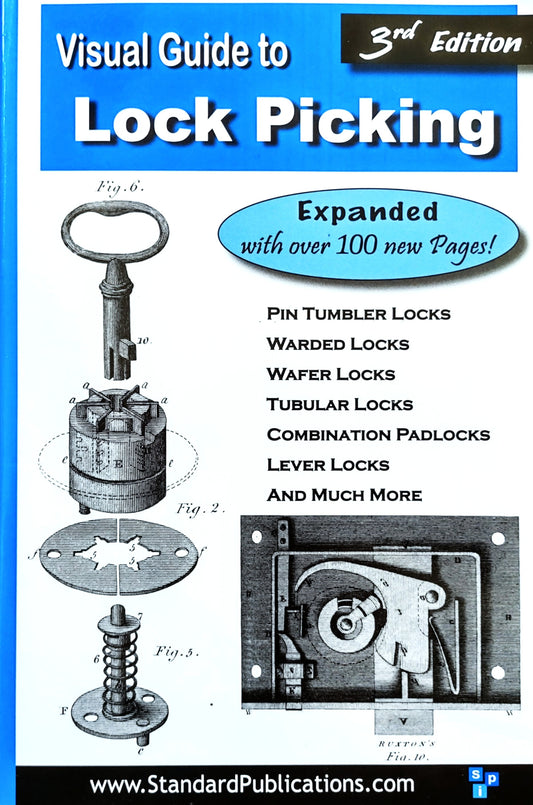 Front cover of the book 'Visual Guide to Lock Picking, 3rd Edition' by Standard Publications. The cover features a blue header and footer, white background in the center, black and white technical illustrations of lock-picking tools and mechanisms, and text highlighting over 100 new pages.