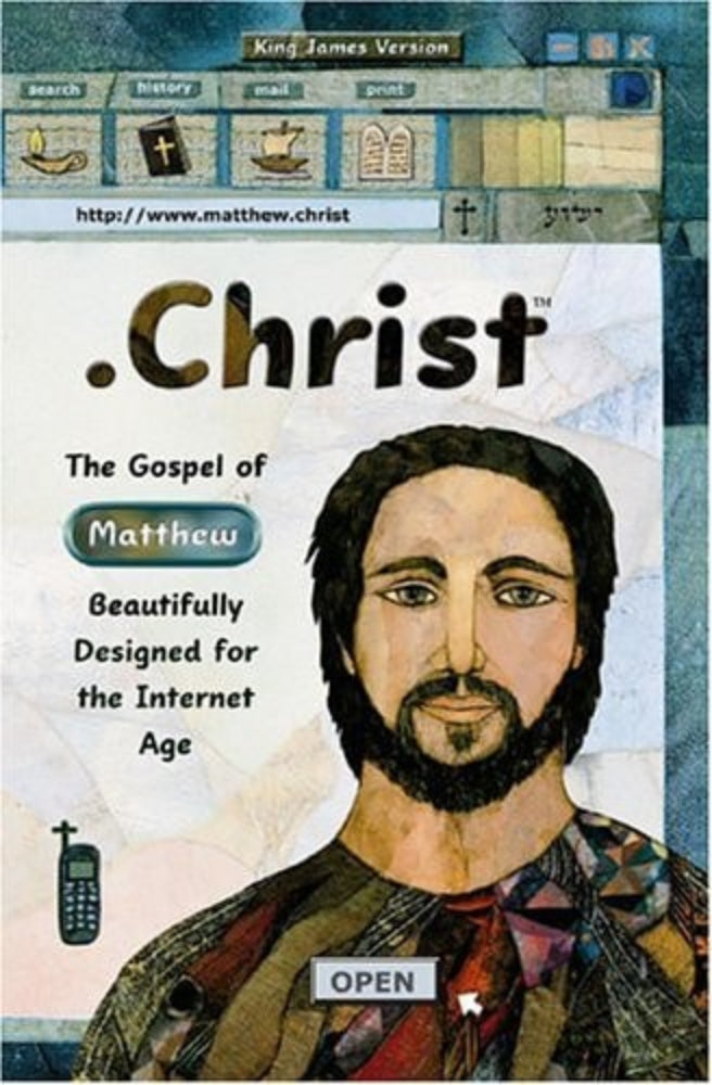 Cover of 'Christ: The Gospel of Matthew' featuring a digital design with a portrait of Jesus, Internet icons, and a graphic representation of a computer interface.