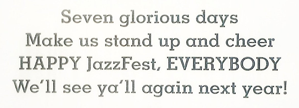 Text from book 'Happy Jazz Fest' celebrating JazzFest with a festive tone