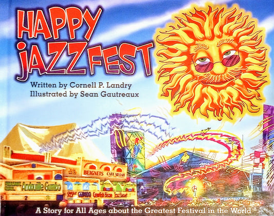 Book cover of 'Happy Jazz Fest' with a colorful illustration of a sun and festival scene.
