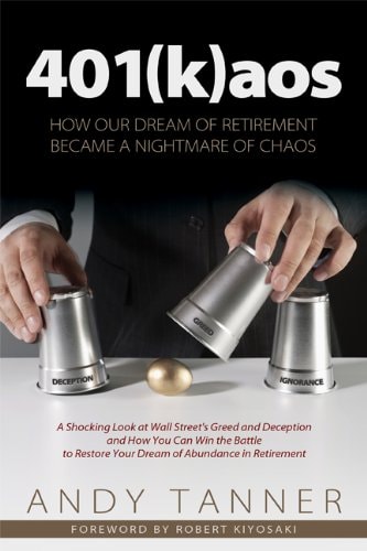 Book cover of '401(k)aos' with a person shuffling cards.