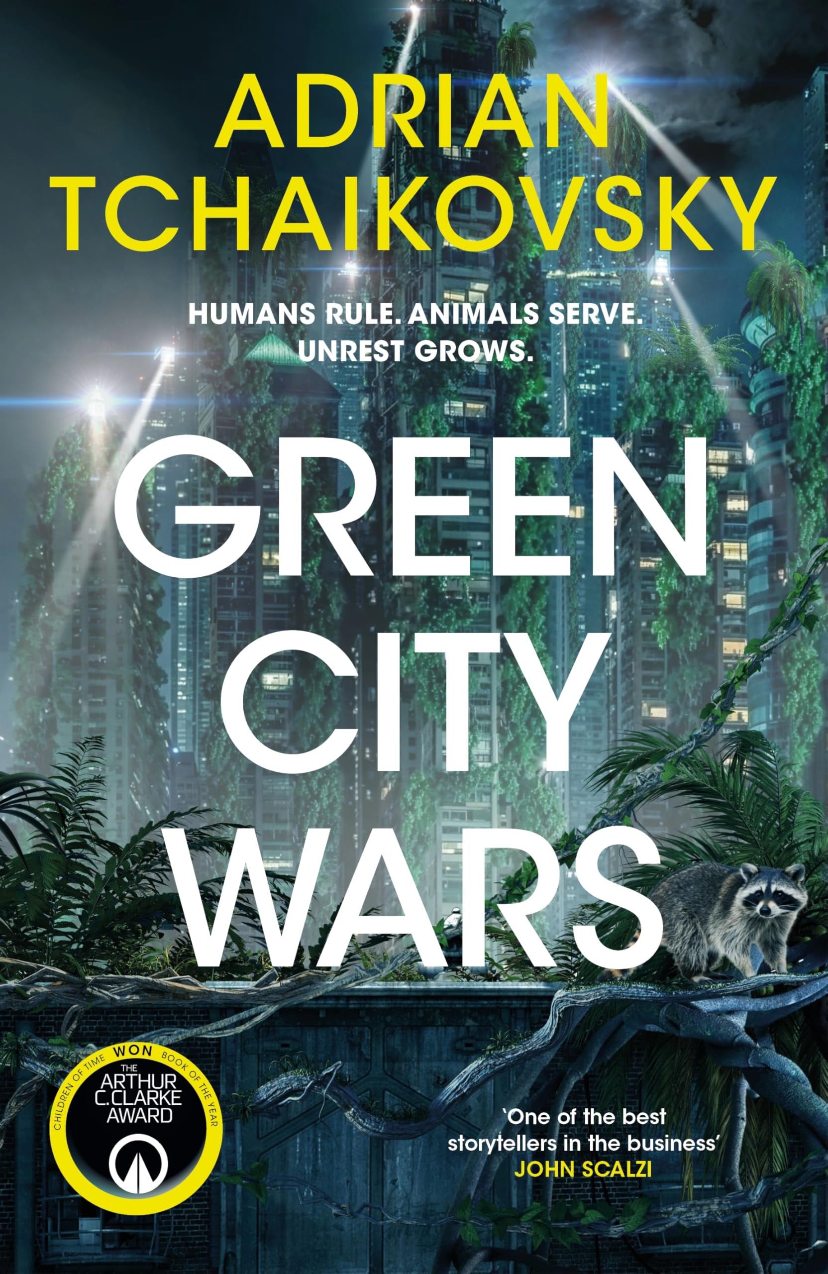 Book cover of 'Green City Wars' by Adrian Tchaikovsky with futuristic cityscape and raccoon.