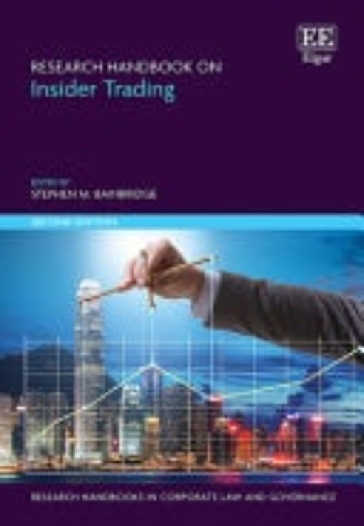 Book front cover of "Research Handbook on Insider Trading" with a building and cityscape background