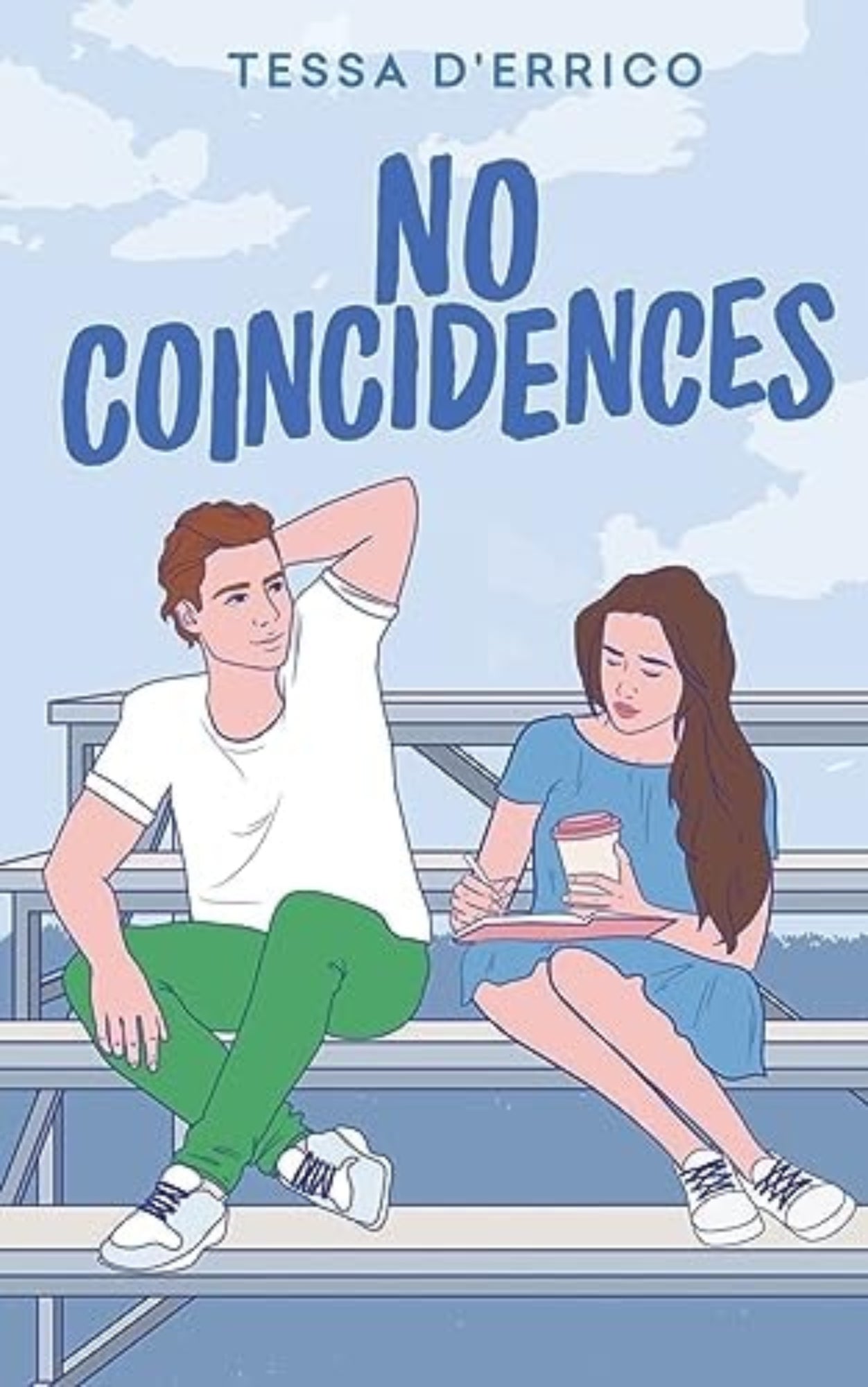 Book cover of 'No Coincidences' by Tessa D'Errico with two people sitting on bleachers.