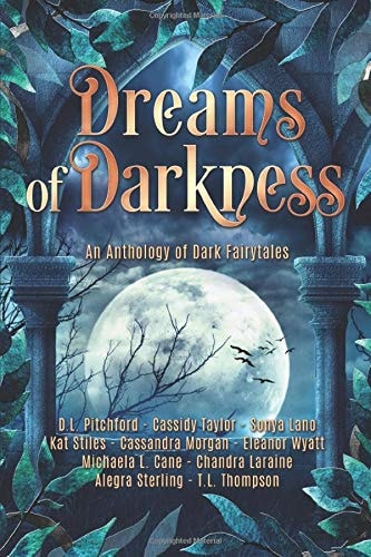 Book cover of 'Dreams of Darkness' with a dark forest and moonlit sky.
