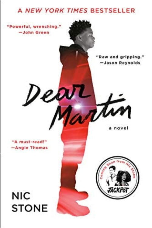 Book cover of 'Dear Martin' by Nic Stone with a stylized figure and reviews.