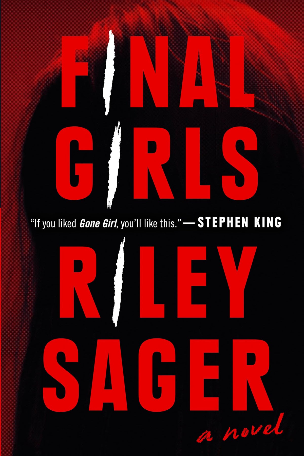 Book cover for the novel 'Final Girls' by Riley Sager, featuring bold red title and author text over a black background with a red-haired figure's silhouette.