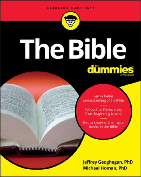 Book cover of 'The Bible For Dummies' featuring a open Bible with a red cover on a white background, and the Dummies logo at the top.