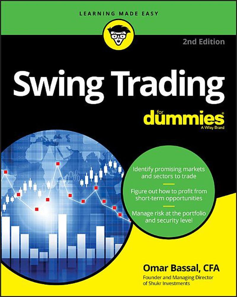 Book front cover of "Swing Trading for Dummies: Second Edition" by Omar Bassal, featuring a globe and financial candlestick charts. 