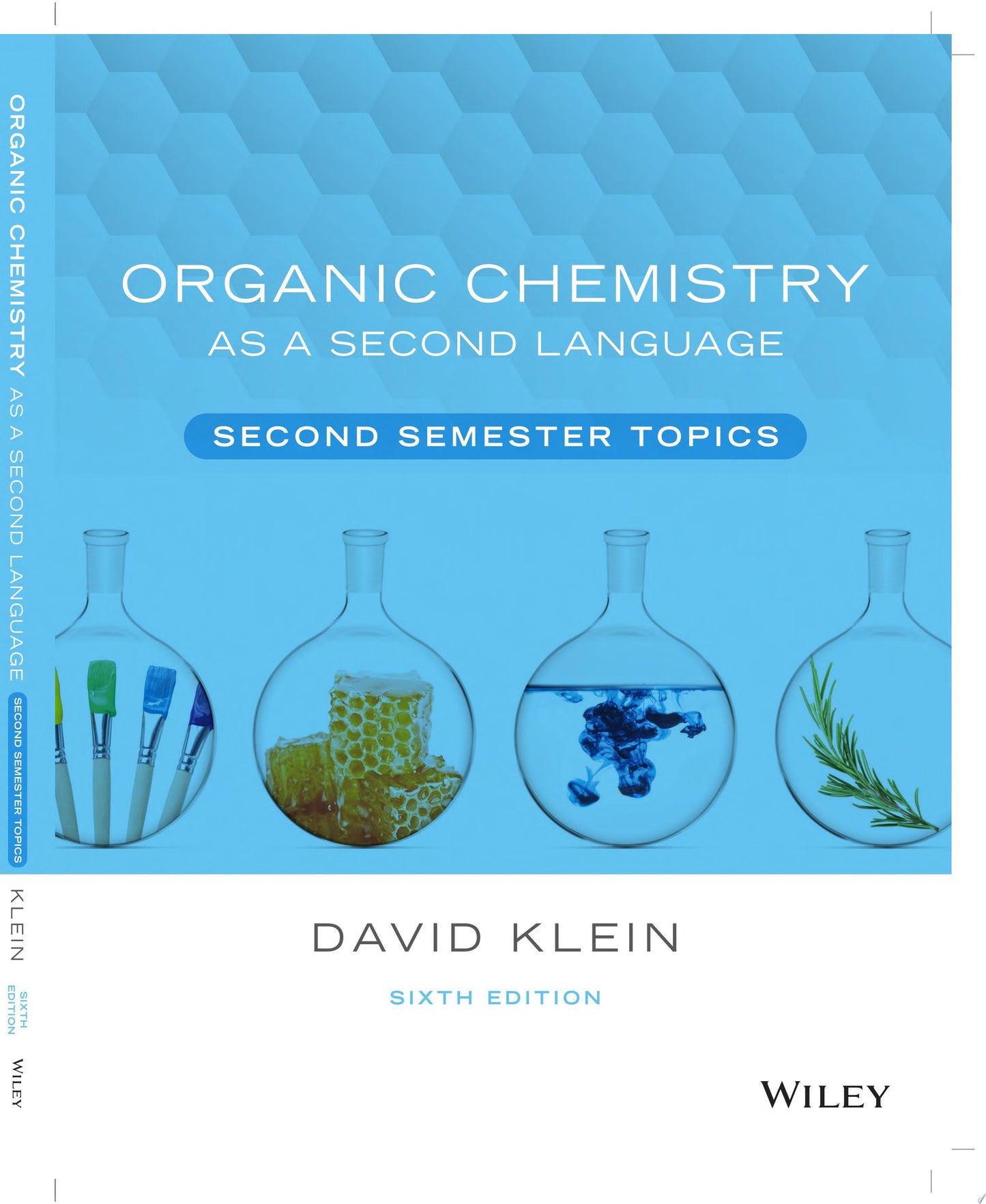 Book cover of 'Organic Chemistry as a Second Language' by David Klein with blue background and chemical flask illustrations.
