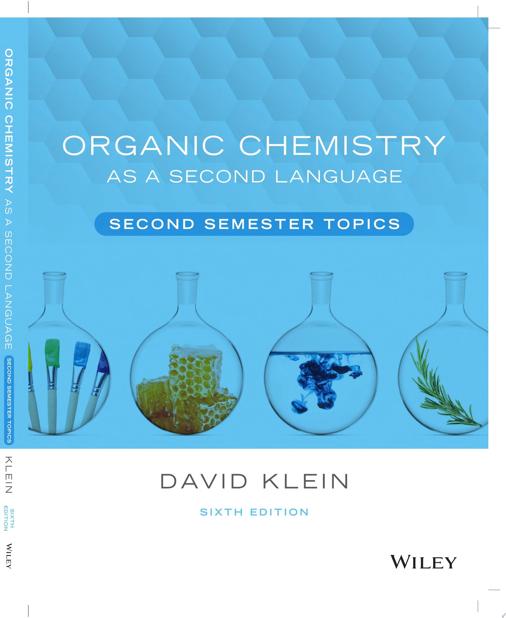 Book cover of 'Organic Chemistry as a Second Language' by David Klein with blue background and chemical flask illustrations.