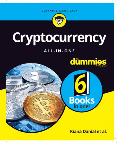 Book cover of 'Cryptocurrency: All-in-One For Dummies [First Edition]' with coins and text on a blue and yellow background.