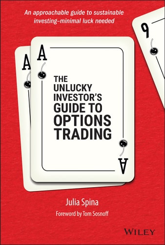 The cover of the book The Unlucky Investor's Guide to Options Trading by Julia Spina, featuring a red background with playing cards and the title text.