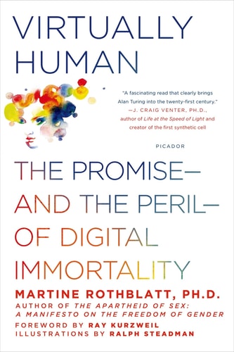 The cover of the book 'Virtually Human' features a design with multicolored abstract shapes and text.