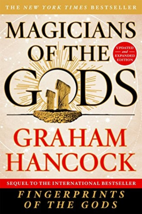 Cover of the book 'Magicians of the Gods' by Graham Hancock, featuring the title and author's name with a graphic of an ancient site.
