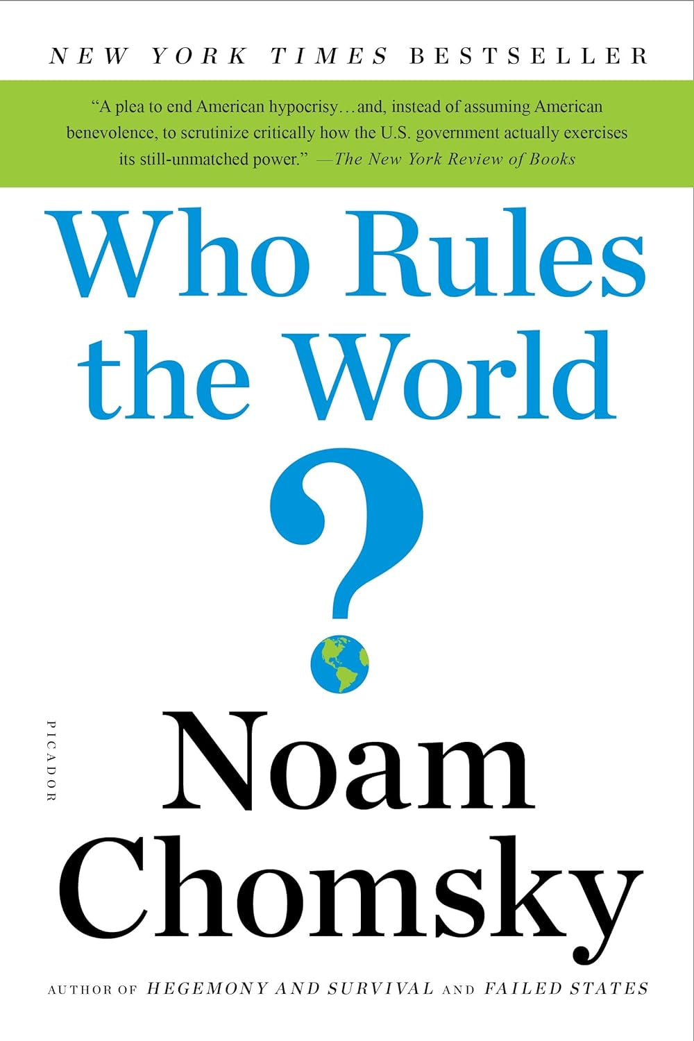 Book cover of 'Who Rules the World?' by Noam Chomsky, featuring a blue question mark symbol and the author's name.