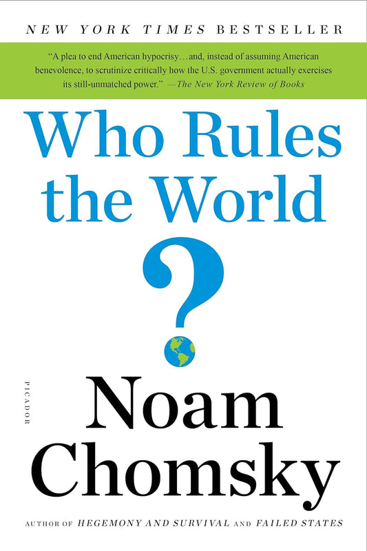Book cover of 'Who Rules the World?' by Noam Chomsky, featuring a blue question mark symbol and the author's name.