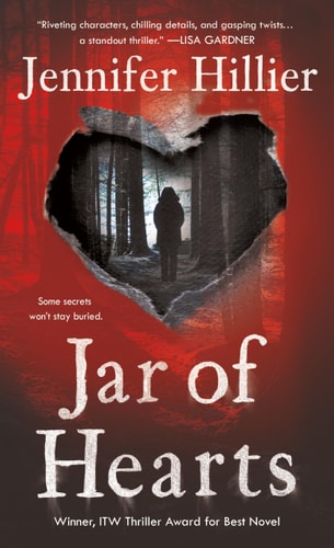 Book cover of 'Jar of Hearts' by Jennifer Hillier with a red background and silhouette of a person.