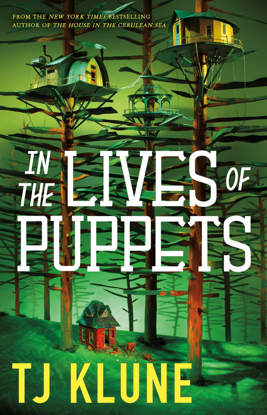 Book cover of 'In the Lives of Puppets' with treehouse illustrations and green forest background.