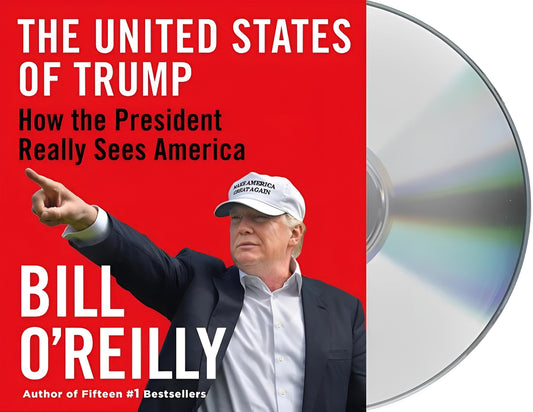 The cover of the CD audiobook 'The United States of Trump: CD Audiobook' by Bill O'Reilly, featuring an image of Donald Trump with a pointing finger.