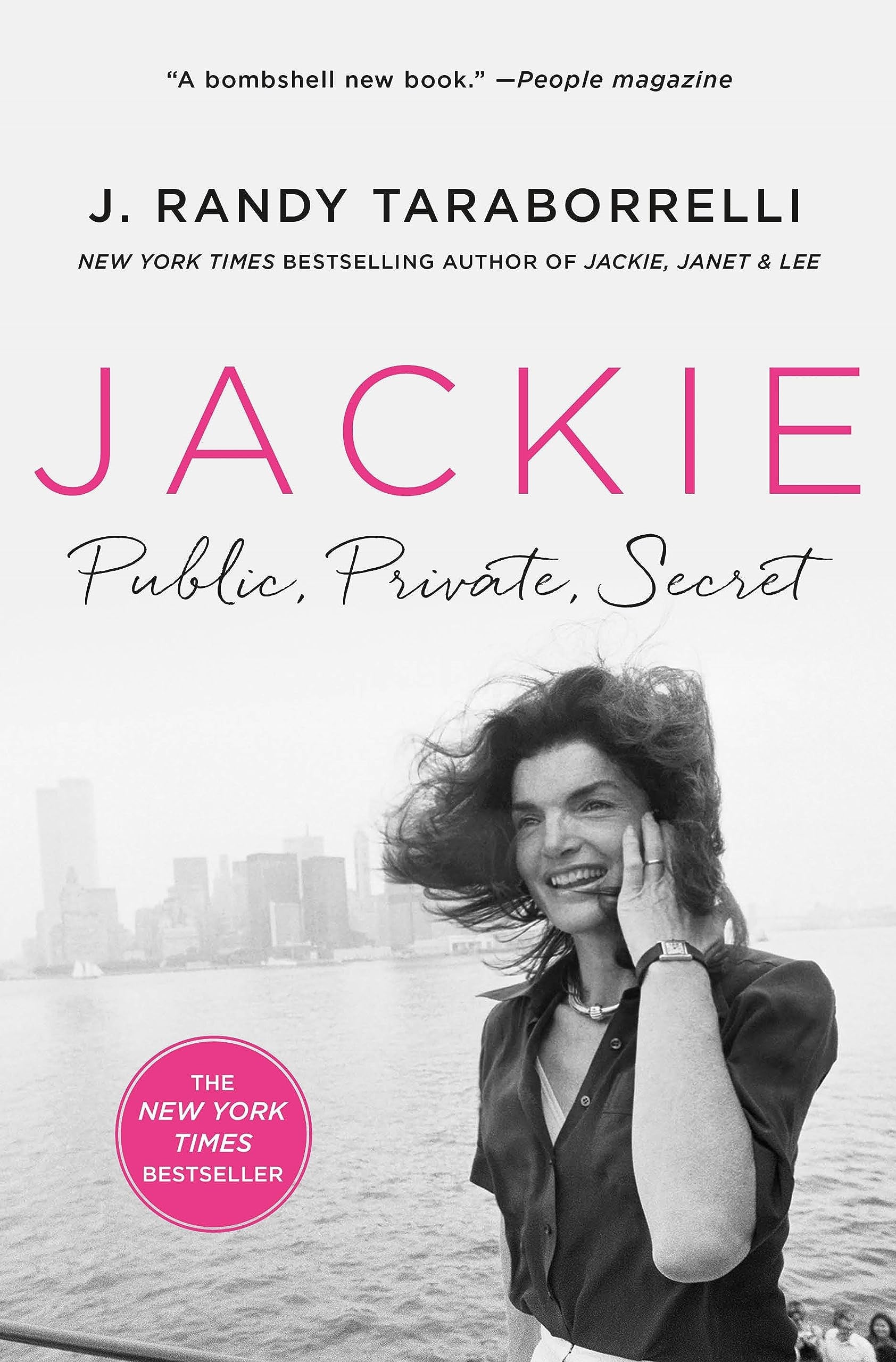Book cover of 'Jackie: Public, Private, Secret' by J. Randy Taraborrelli with a woman on a beach.