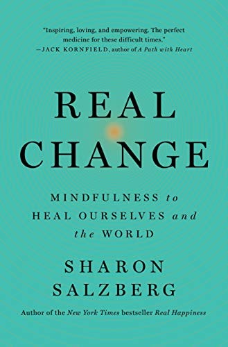 Book cover of 'Real Change' by Sharon Salzberg with a teal background and black text.