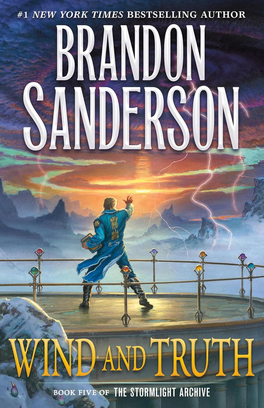 Book cover of 'Wind and Truth' by Brandon Sanderson with a character on a balcony overlooking a sunset.