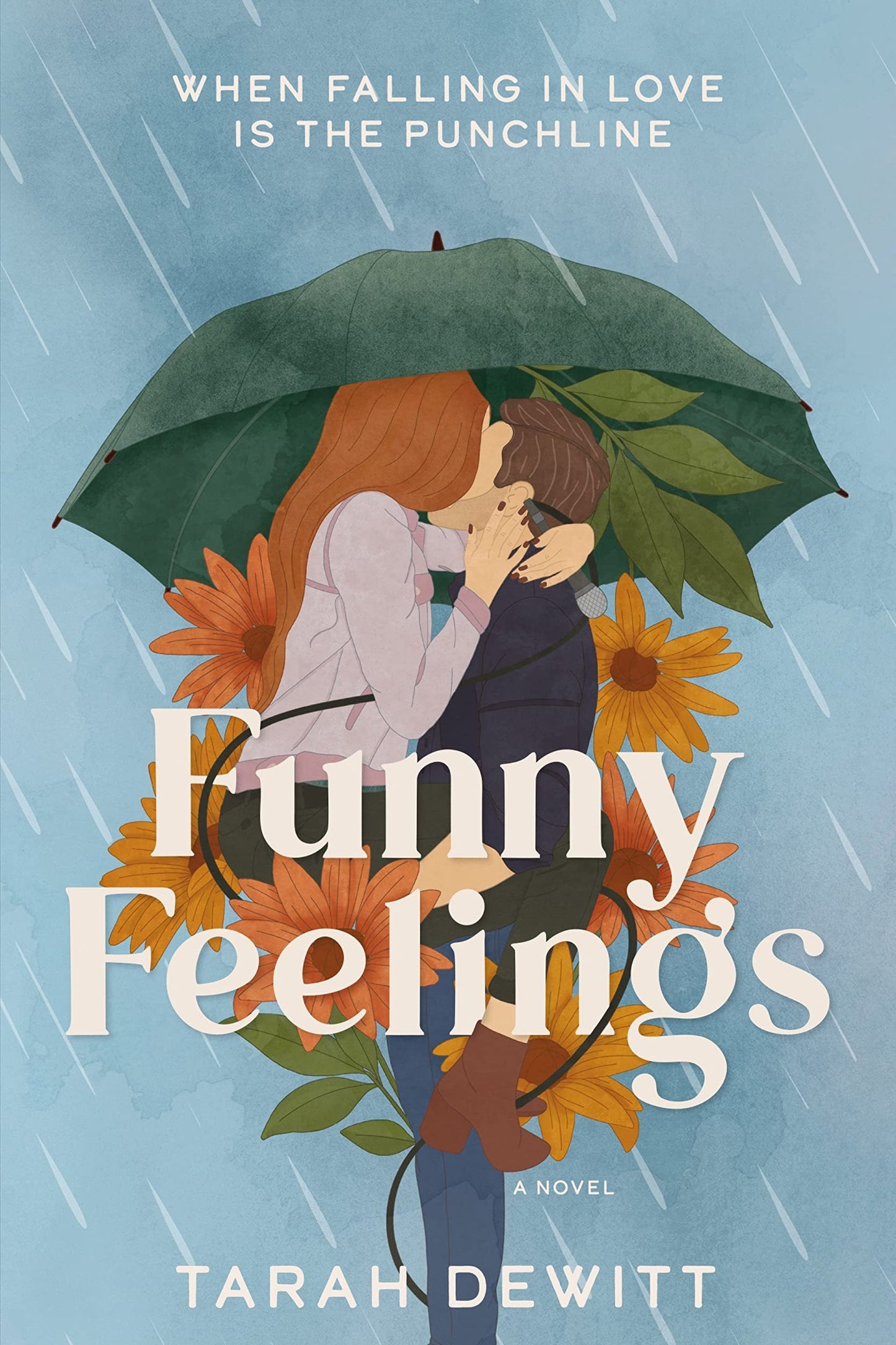 Book cover of 'Funny Feelings' by Tarah DeWitt with a couple under an umbrella and flowers.