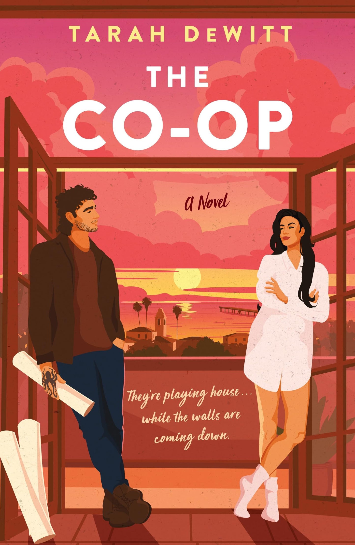 Book cover of 'The Co-Op' by Tarah DeWitt featuring two people on a rooftop with a cityscape.