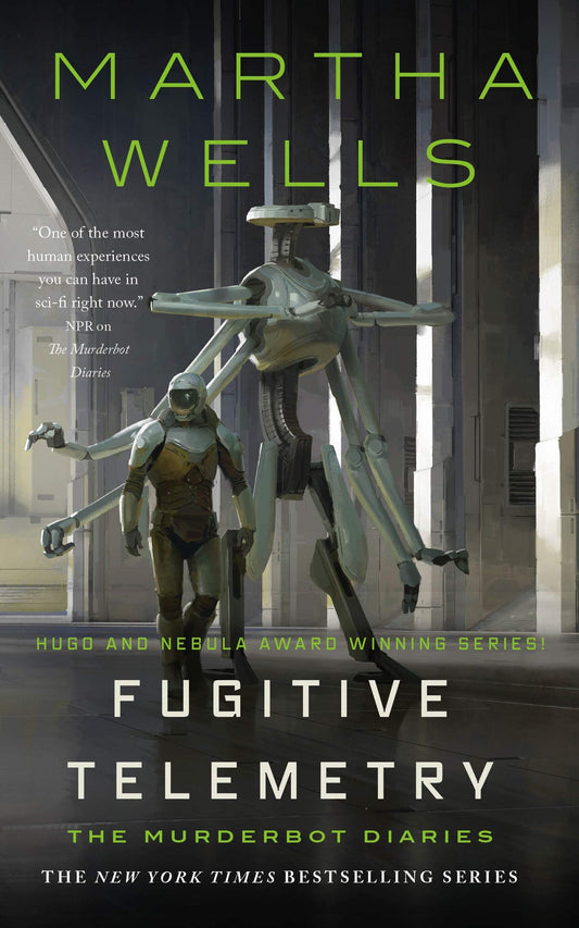 Book cover of 'Fugitive Telemetry' by Martha Wells featuring a robot and human figure.