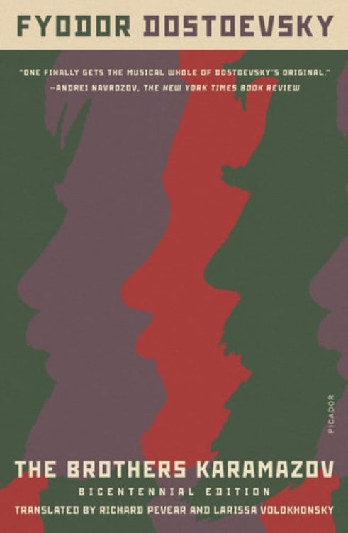 Cover of 'The Brothers Karamazov' featuring a geometric pattern in red and green on a white background.