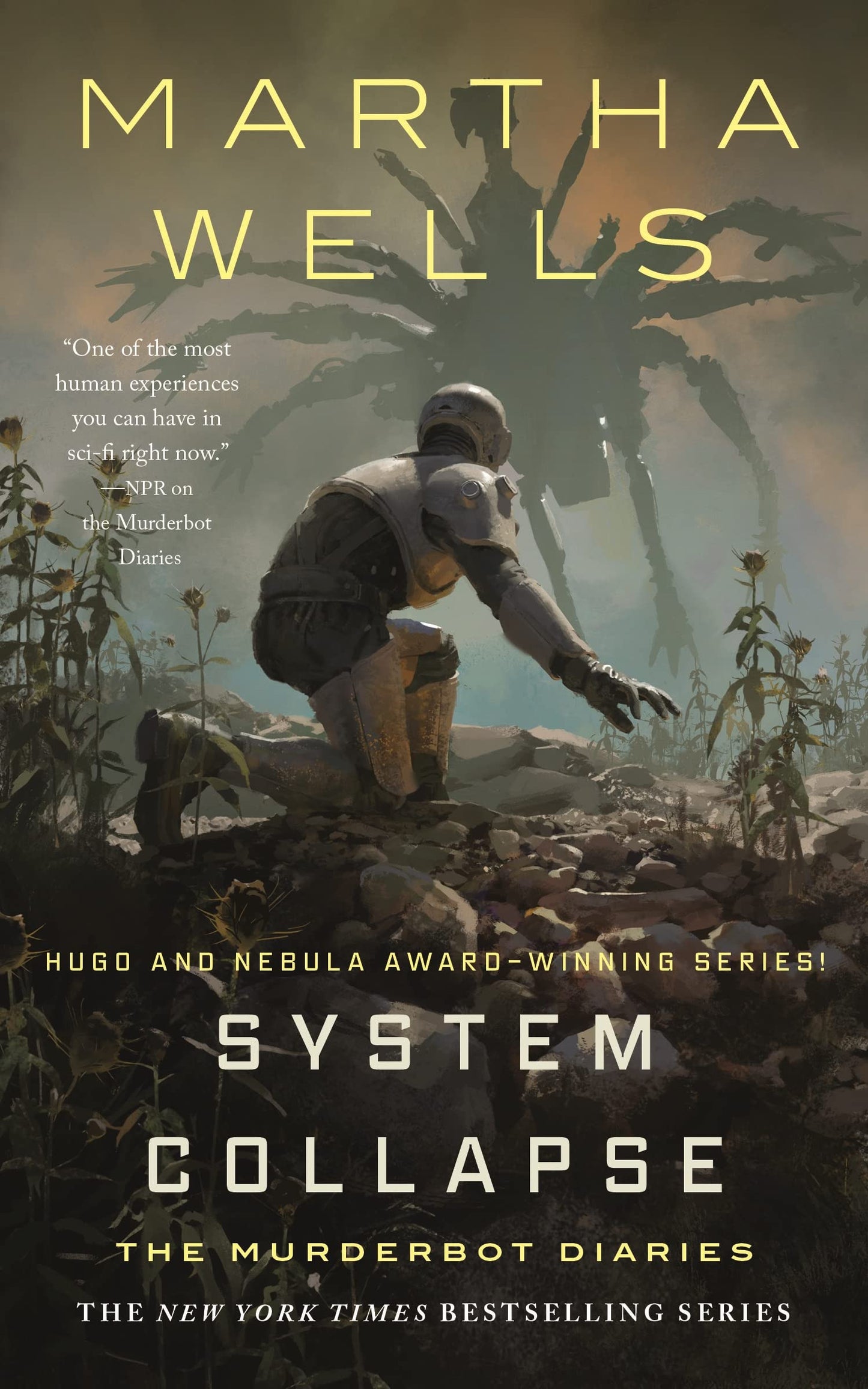 Book cover of 'System Collapse' by Martha Wells with a futuristic scene and silhouette.