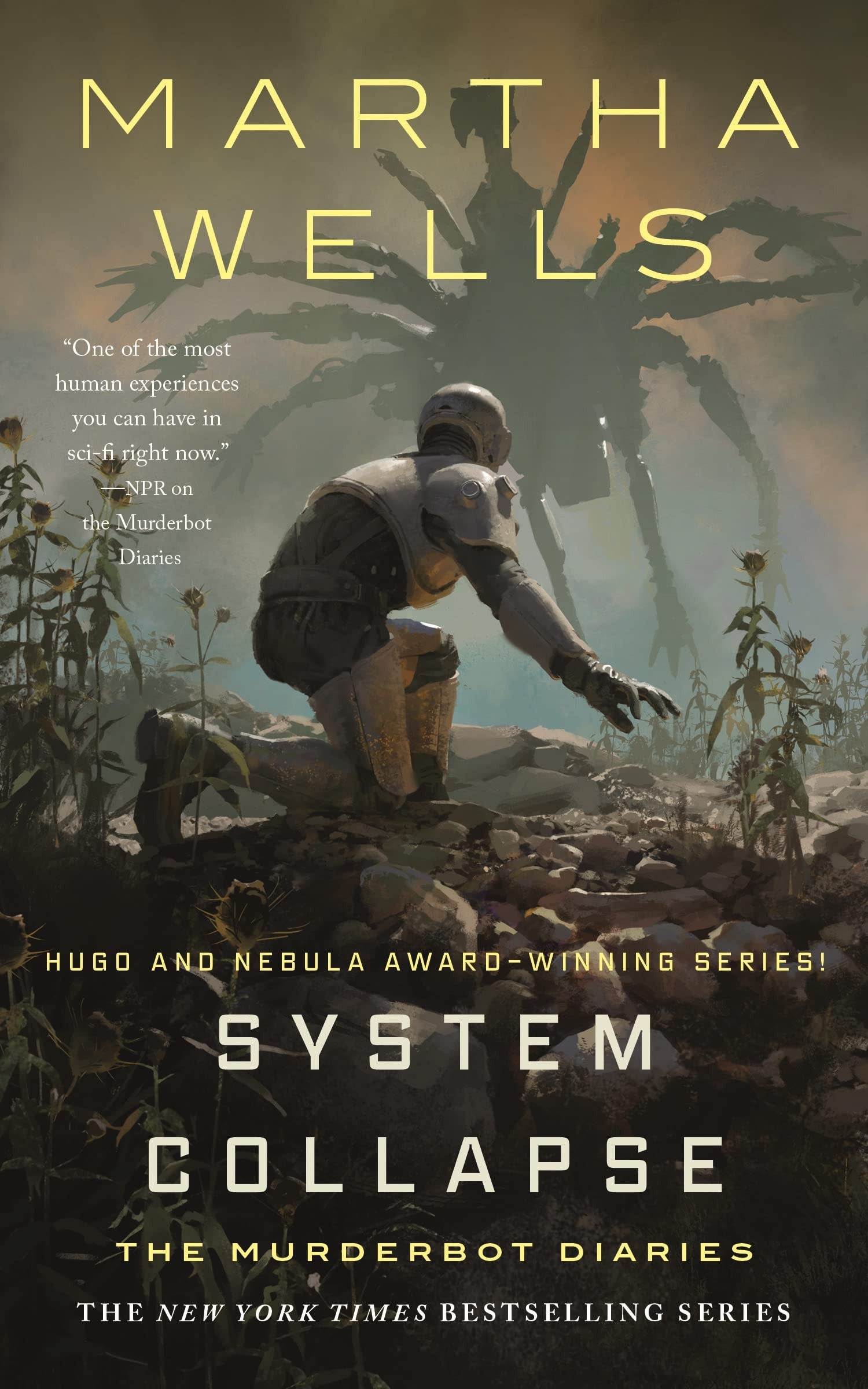 Book cover of 'System Collapse' by Martha Wells with a futuristic scene and silhouette.