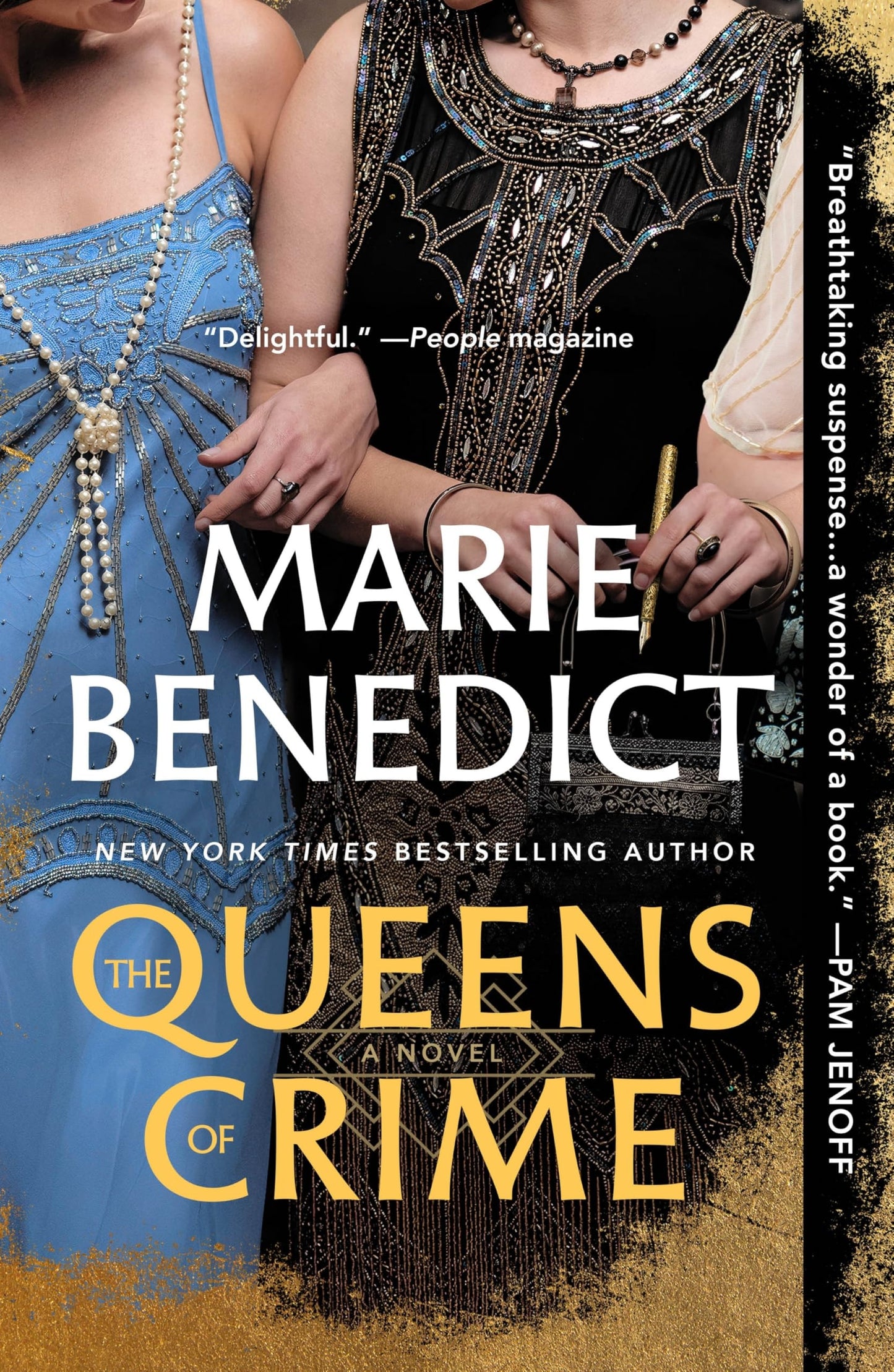 Book cover of 'The Queens of Crime' by Marie Benedict featuring two women in elegant dresses.