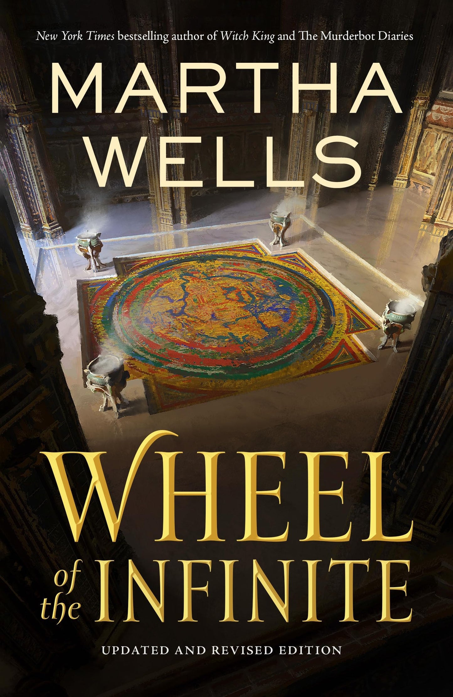 Book cover of 'Wheel of Infinite' by Martha Wells with a detailed interior scene.