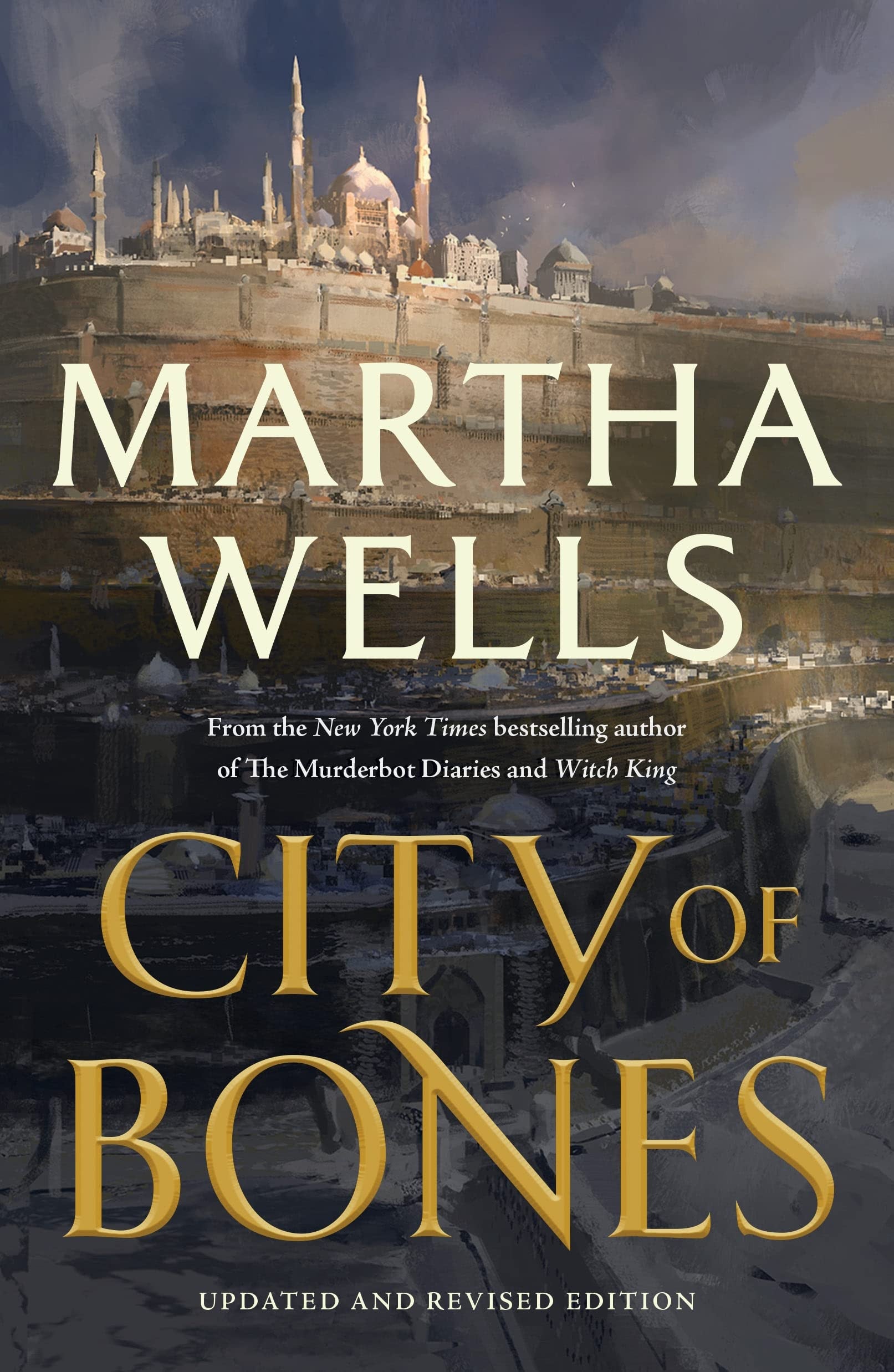 Book cover of 'City of Bones' by Martha Wells with a cityscape in the background.