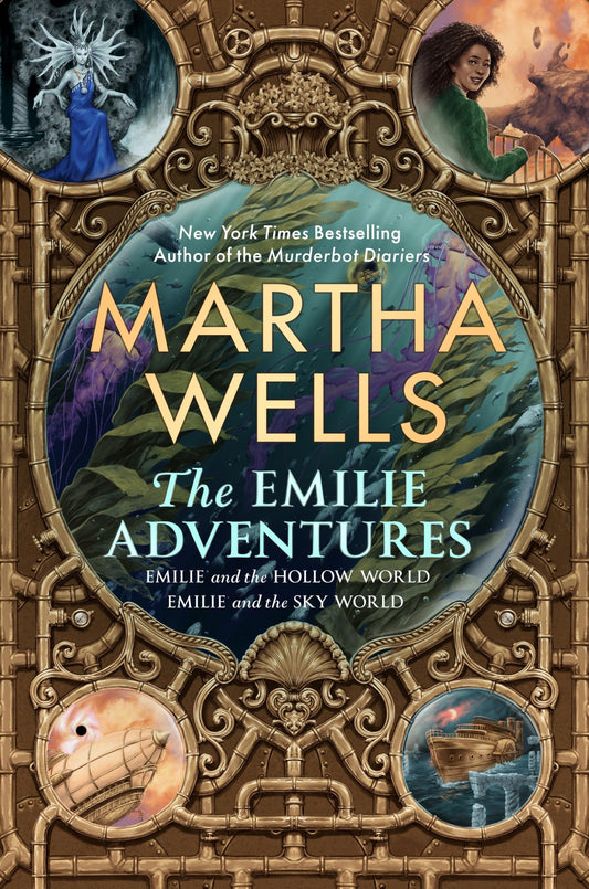 Book cover of 'The Emilie Adventures' by Martha Wells with decorative elements and character illustrations.