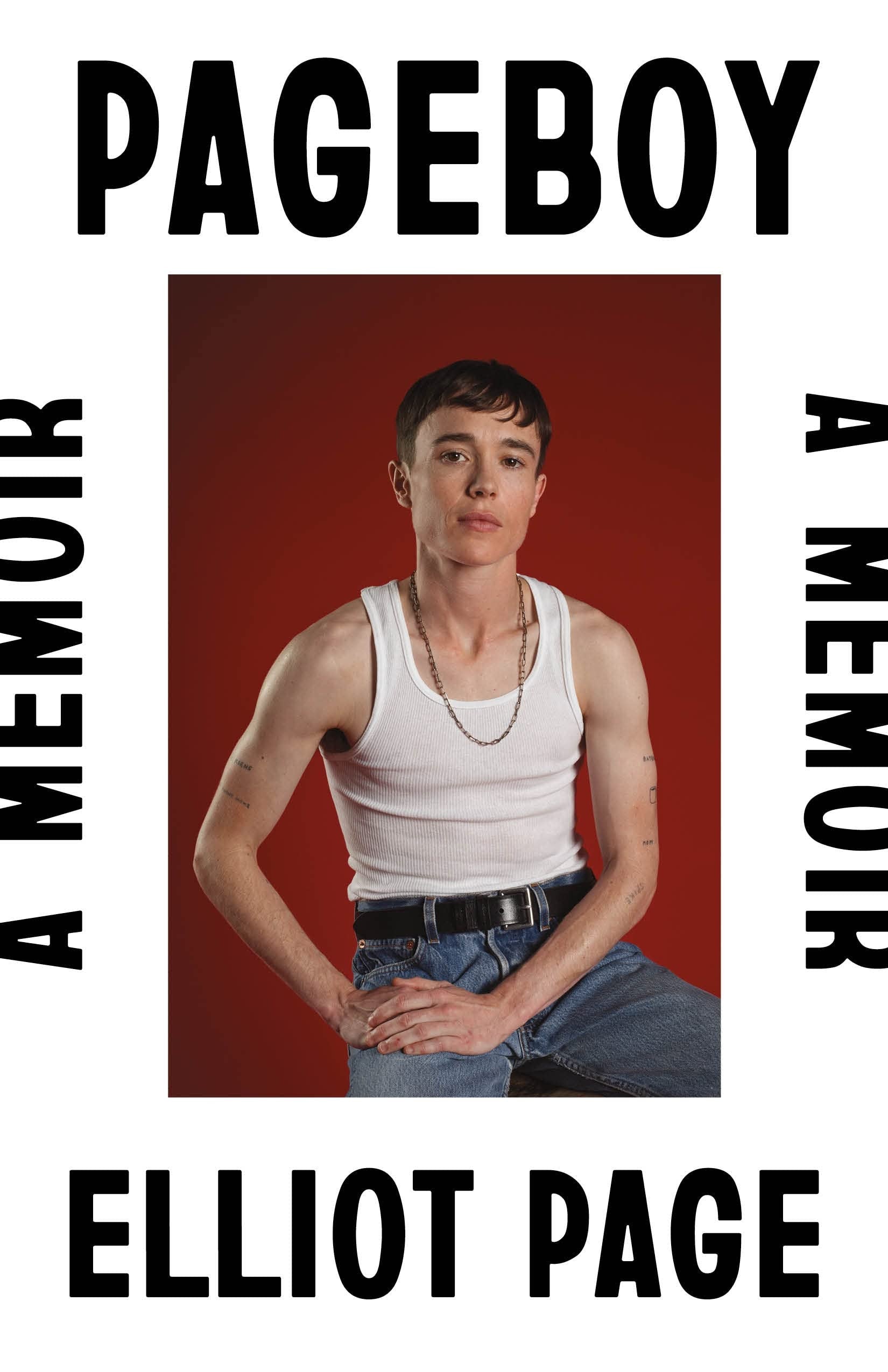 Book cover of 'Pageboy: A Memoir' by Elliot Page with a person wearing a white tank top and jeans on a red background.