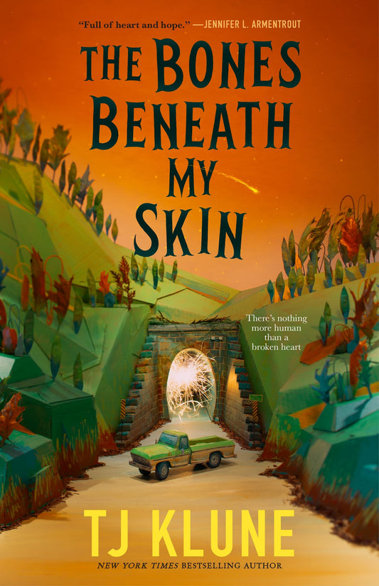 Book cover of 'The Bones Beneath My Skin' by TJ Klune with a colorful illustration of a tunnel and people.