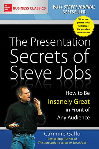 Book cover of 'The Presentation Secrets of Steve Jobs' with a picture of Steve Jobs.