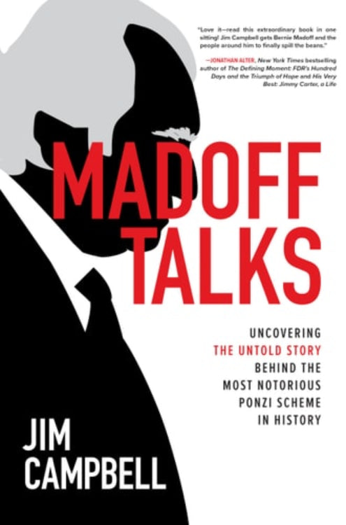 Book cover of 'Madoff Talks' featuring a silhouette of a man in formal attire against a white background, with the title text in red and black.