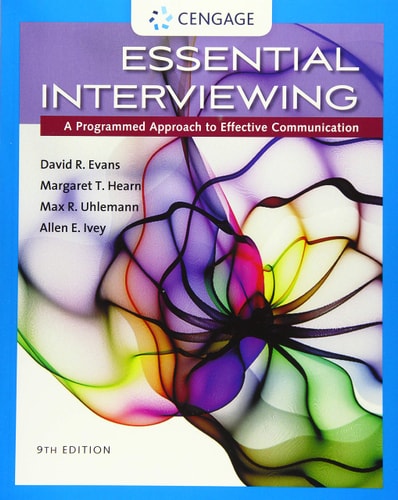 Book cover of 'Essential Interviewing 9th Edition' with colorful abstract design on a blue background