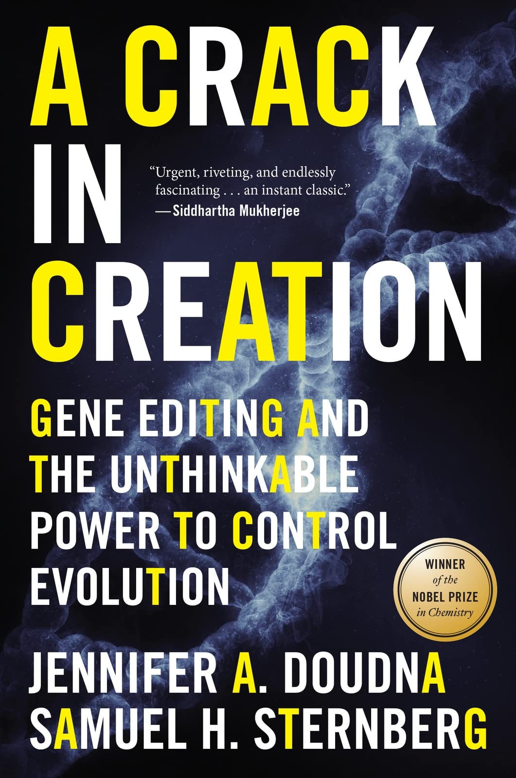 Book cover of 'A Crack in Creation' with text and a Nobel Prize badge.