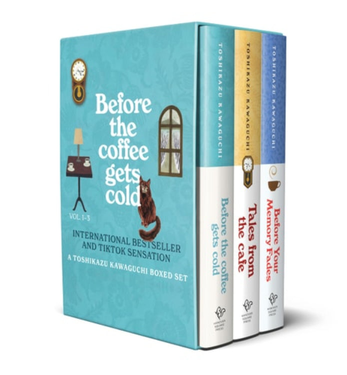 A boxed set of three books titled 'Before the Coffee Gets Cold' by Toshikazu Kawaguchi, featuring illustrations of a cat, a person reading, and a person with a camera on the covers.