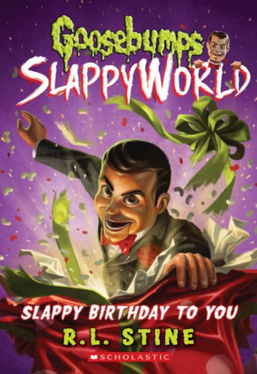 Cover of the book 'Slappy Birthday to You' from the Goosebumps Slappyworld series, featuring an illustration of a dummy character named Slappy with a background of stars and a purple hue.