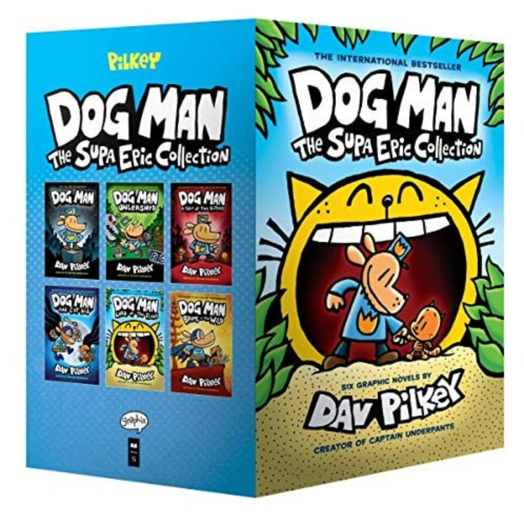 Dog Man book collection box set with colorful covers and blue border